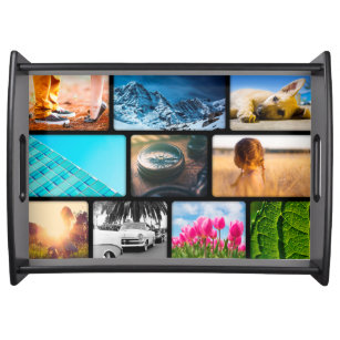 Personalised 10 Photo Template Collage Black Frame Serving Tray