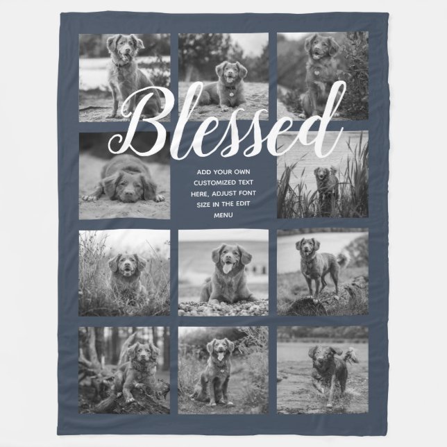 Personalised 11 Photo Collage BLESSED Dark Blue Fleece Blanket (Front)
