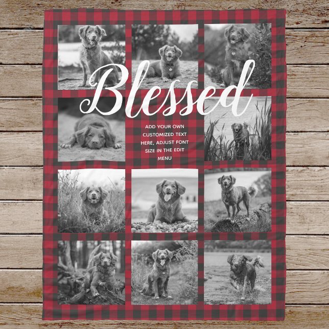 Personalised 11 Photo Collage BLESSED Red Plaid Fleece Blanket (Creator Uploaded)