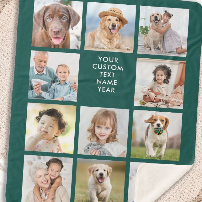 Personalised 11 Photo Collage Trendy Emerald Green Sherpa Blanket (Creator Uploaded)