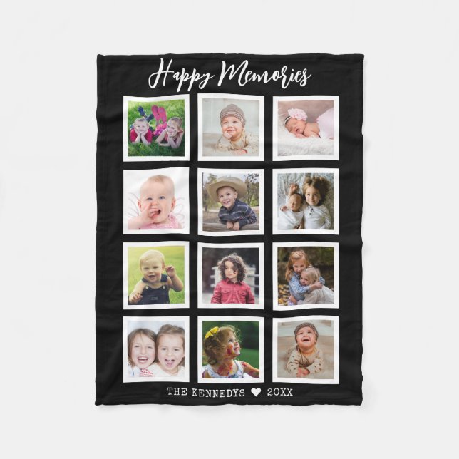 Personalised 12 Family Photo Collage Black Fleece Blanket (Front)