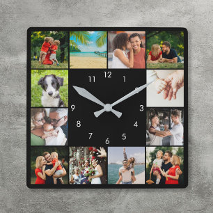 Personalised 12 Family Photo Collage Black Square Wall Clock