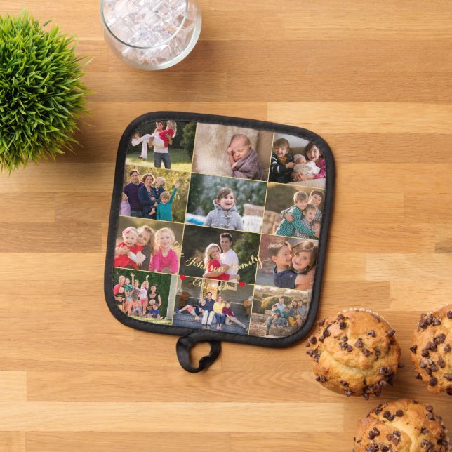 Personalised 12 Family Photo Collage Gold Monogram Pot Holder (Top Down)
