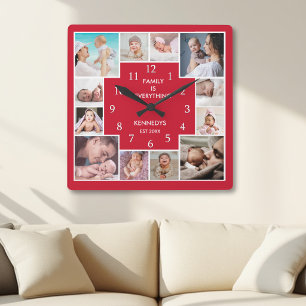 Personalised 12 Family Photo Collage Red And White Square Wall Clock