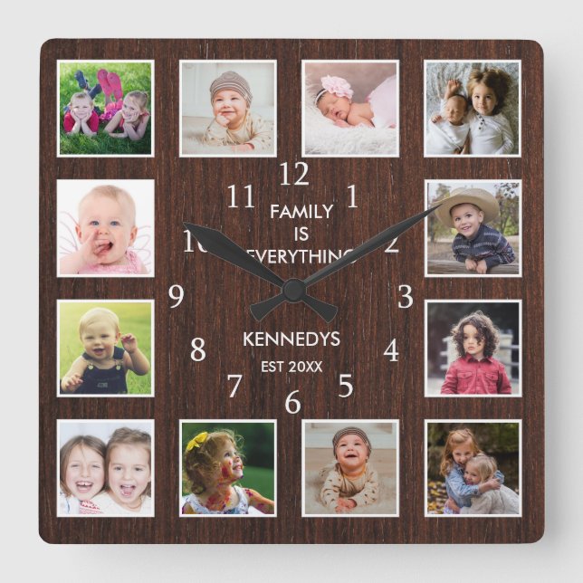 Personalised 12 Photo Collage Dark Brown Wood Square Wall Clock (Front)
