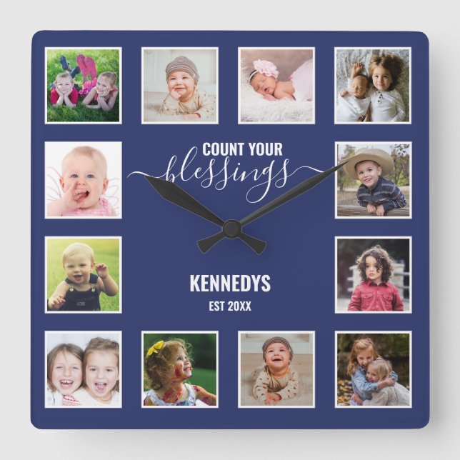 Personalised 12 Photo Collage Family Blessing Blue Square Wall Clock (Front)