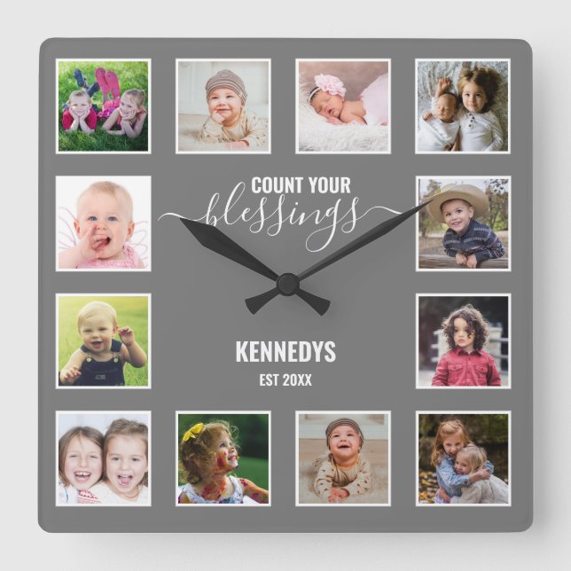 Personalised 12 Photo Collage Family Blessing Grey Square Wall Clock (Front)