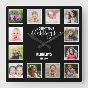 Personalised 12 Photo Collage Family Blessing Square Wall Clock