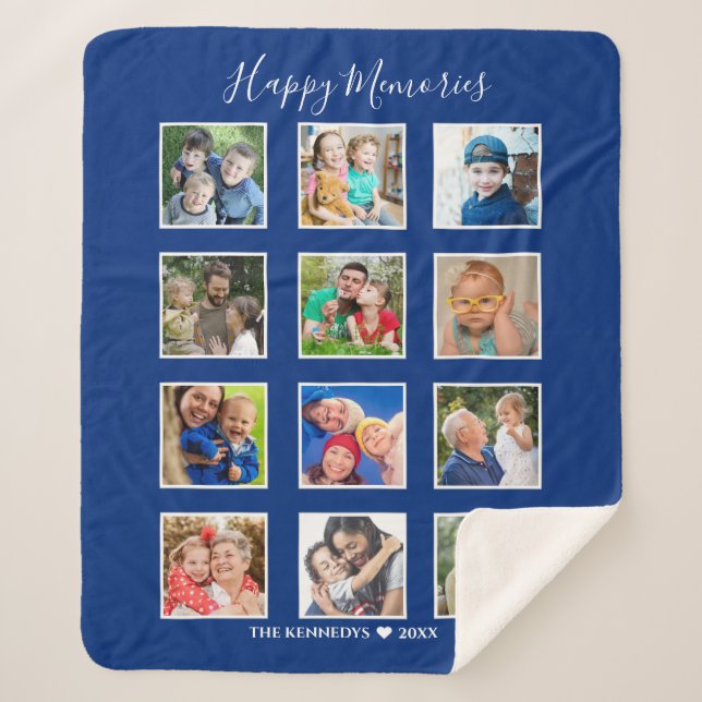 Personalised 12 Photo Collage Family Name Blue  Sherpa Blanket (Front)