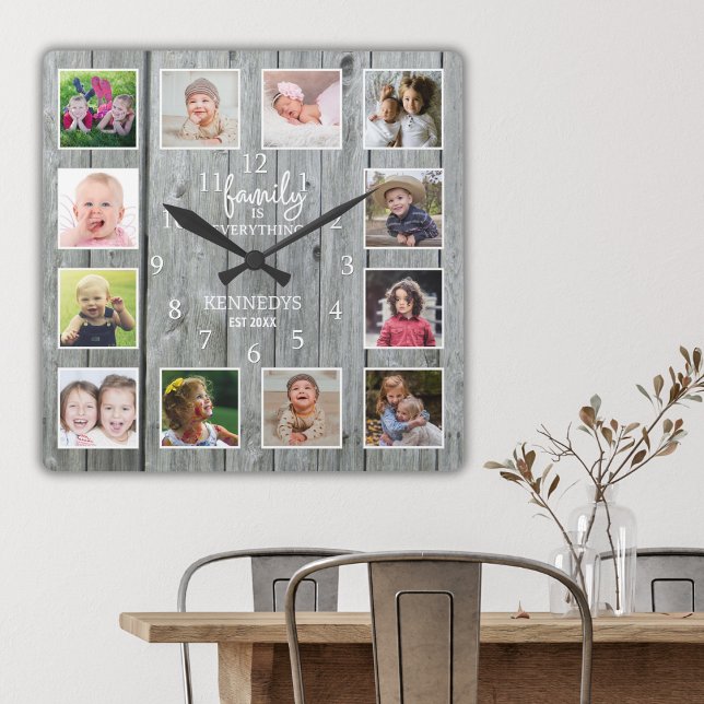 Personalised 12 Photo Collage Family Name Wood Square Wall Clock (Creator Uploaded)