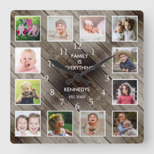 Personalised 12 Photo Collage Farmhouse Barn Wood  Square Wall Clock
