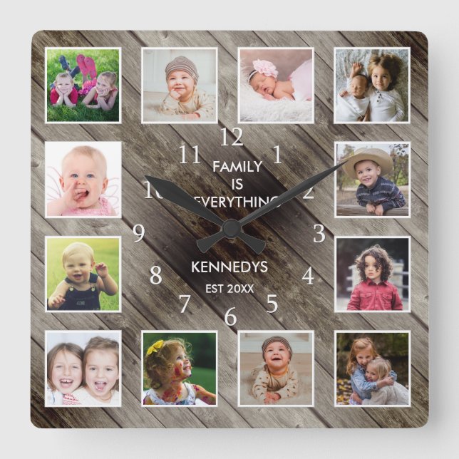 Personalised 12 Photo Collage Farmhouse Barn Wood  Square Wall Clock (Front)