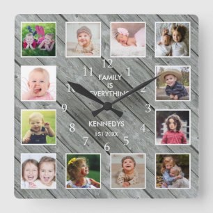 Personalised 12 Photo Collage Farmhouse Grey Wood Square Wall Clock