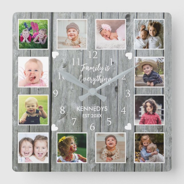 Personalised 12 Photo Collage  Grey Wood Family   Square Wall Clock (Front)