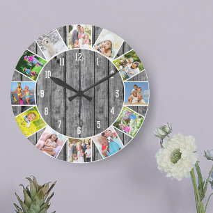 Personalised 12 Photo Collage Grey Wood Round Large Clock