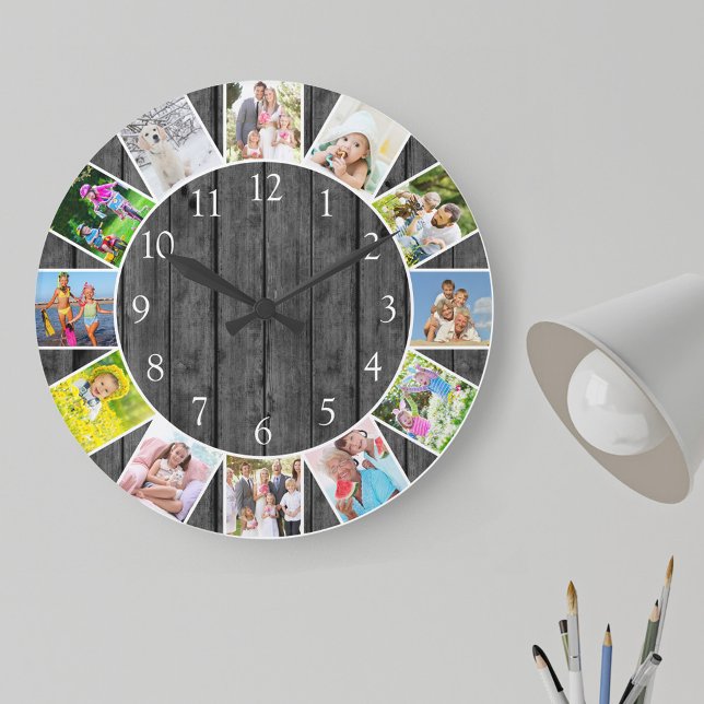 Personalised 12 Photo Collage Grey Wood Round Large Clock (Photo clock with 12 photos, one at each hour. Great design for your home or a thoughtful photo gift.)