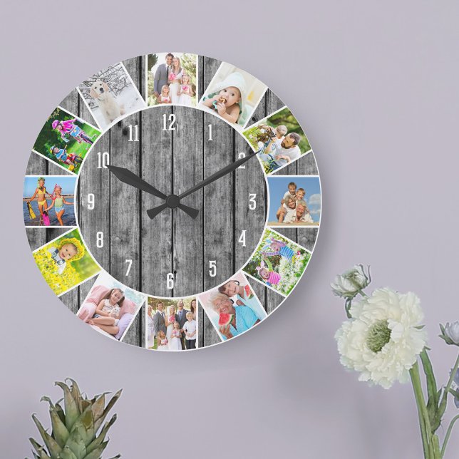 Personalised 12 Photo Collage Grey Wood Round Large Clock (Photo clock with 12 photos, one at each hour. Great design for your home or a thoughtful photo gift.)