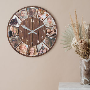 Personalised 12 Photo Collage Natural Wood Large Clock