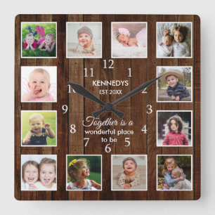 Personalised 12 Photo Collage Quote Brown Wood Square Wall Clock