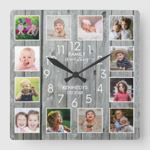 Personalised 12 Photo Collage Quote Grey Wood Square Wall Clock