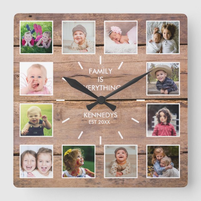 Personalised 12 Photo Collage Rustic Brown Wood Square Wall Clock (Front)