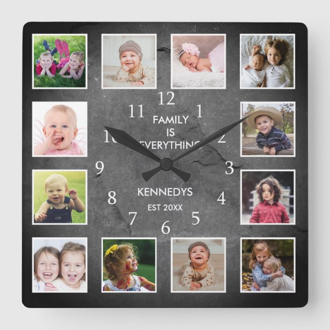 Personalised 12 Photo Collage Rustic Slate Stone Square Wall Clock (Front)