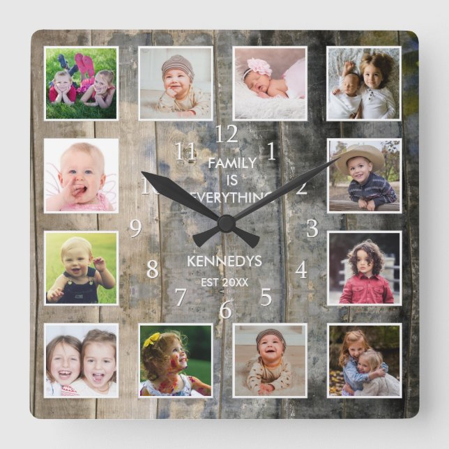Personalised 12 Photo Collage Rustic Stained Wood  Square Wall Clock (Front)