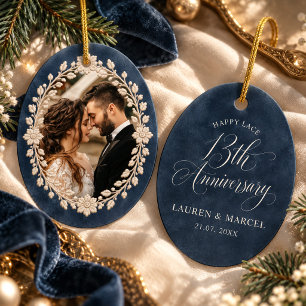 Personalised 13th Anniversary Lace Navy Photo Ceramic Ornament