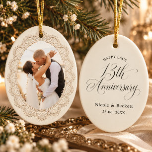 Personalised 13th Lace Wedding Anniversary Photo Ceramic Ornament