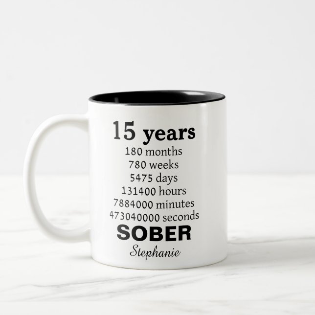 Personalised 15 Years Sober Recovery Celebration Two-Tone Coffee Mug (Left)