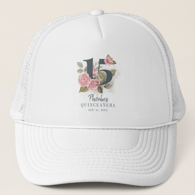 Personalised 15th Birthday Quinceanera Floral Trucker Hat (Front)