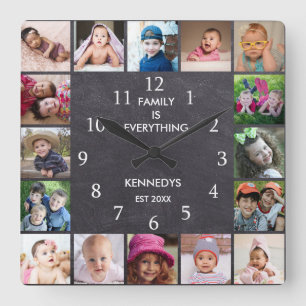 Personalised 16 Photo Collage Frame Chalkboard Square Wall Clock