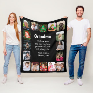 Personalised 16 Photo Collage Grandma Black Fleece Blanket