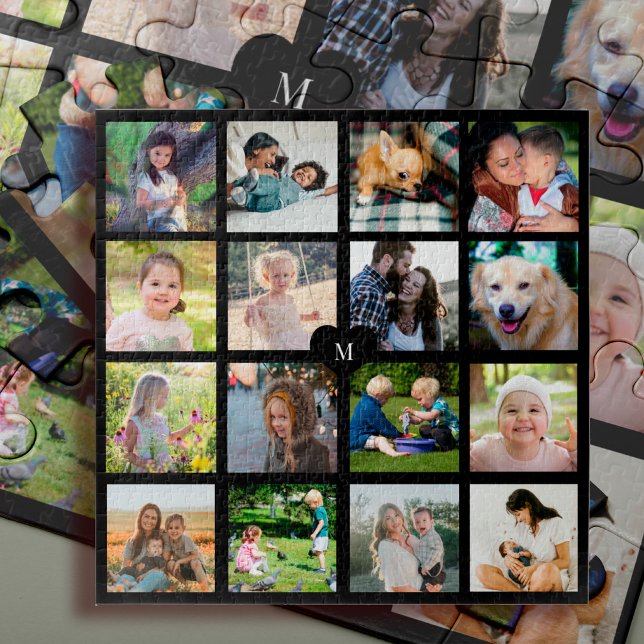 Personalised 16 photo collage monogrammed jigsaw puzzle (Creator Uploaded)