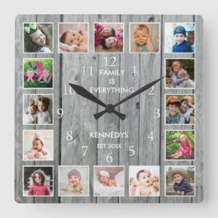 Personalised 16 Photo Collage Quote Grey Wood Square Wall Clock