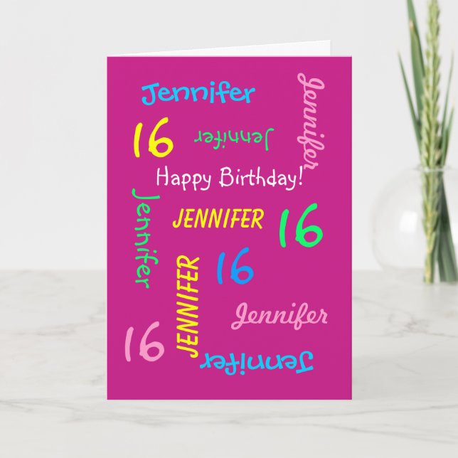 Personalised  16th Birthday Greeting Card Hot Pink (Front)