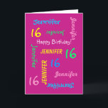 Personalised  16th Birthday Greeting Card Hot Pink<br><div class="desc">What a wonderful, personalised greeting card for a 16th birthday or any other occasion. On the cover, Name and Age repeats in different fonts and colours on a hot pink background. Easy to personalise - just CHANGE NAME, AGE, and OCCASION in ONE PLACE. Supports name up to 9 characters. A...</div>