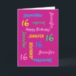 Personalised  16th Birthday Greeting Card Hot Pink<br><div class="desc">What a wonderful, personalised greeting card for a 16th birthday or any other occasion. On the cover, Name and Age repeats in different fonts and colours on a hot pink background. Easy to personalise - just CHANGE NAME, AGE, and OCCASION in ONE PLACE. Supports name up to 9 characters. A...</div>