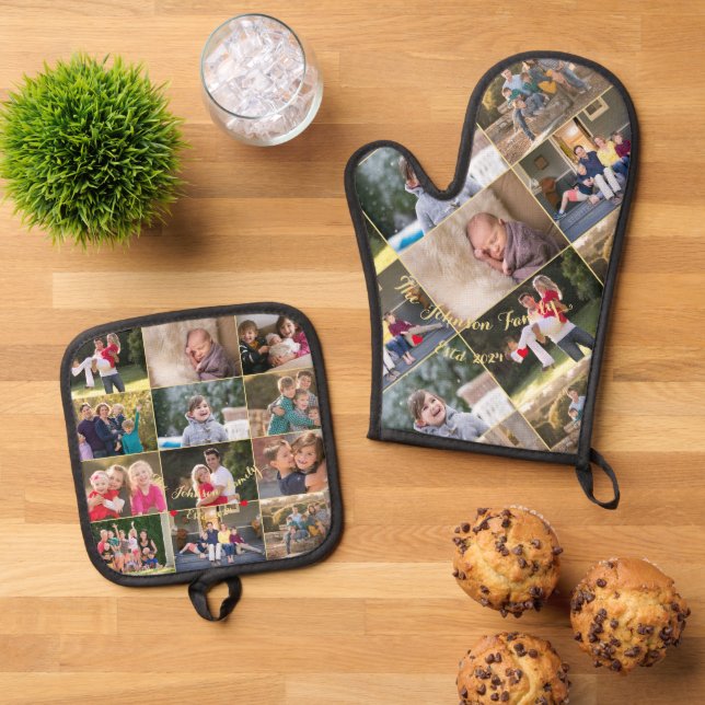Personalised 17 Family Photo Collage Gold Monogram Oven Mitt & Pot Holder Set (Top Down)