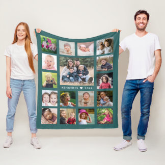 Personalised 17 Photo Collage Family Name Green Fleece Blanket