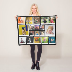 Personalised 18 Photo Collage Modern Trendy Black Fleece Blanket