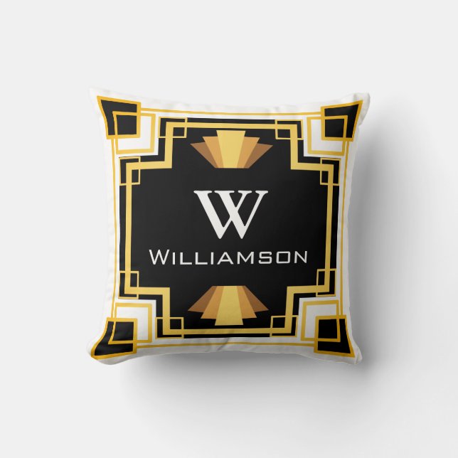 Personalised - 1920s Gold & Black Geometric Style Cushion (Front)