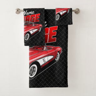 Personalised 1961 C1 Red Classic Sports Car Garage Bath Towel Set