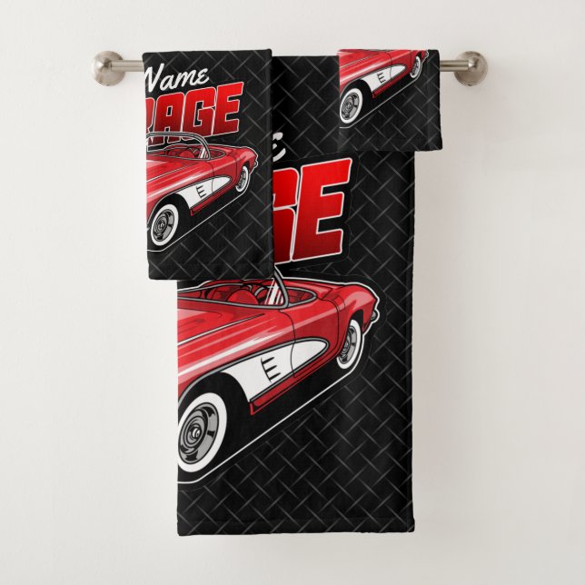 Personalised 1961 C1 Red Classic Sports Car Garage Bath Towel Set (Insitu)