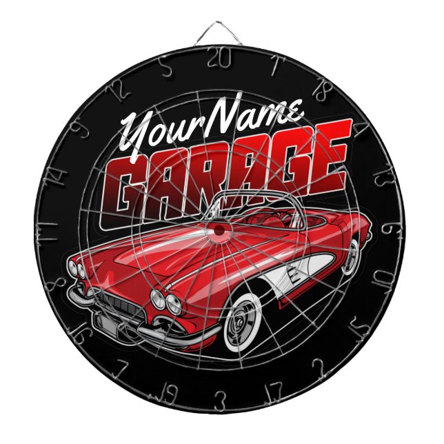 Personalised 1961 C1 Red Classic Sports Car Garage Dartboard (Front)