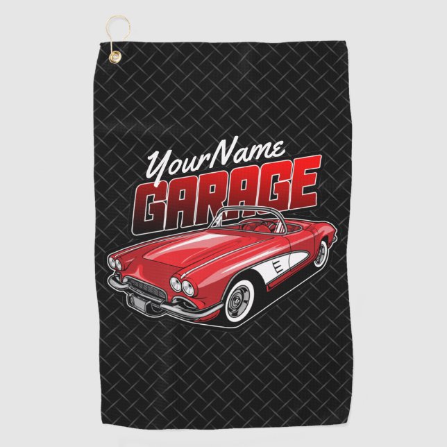Personalised 1961 C1 Red Classic Sports Car Garage Golf Towel (Front)