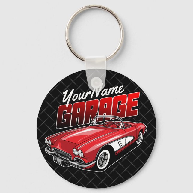 Personalised 1961 C1 Red Classic Sports Car Garage Key Ring (Front)