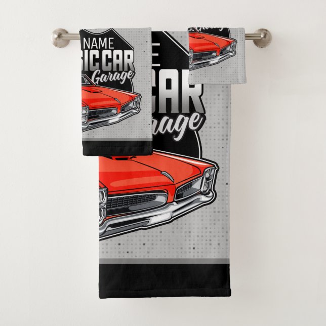 Personalised 1966 Red Goat Classic Car Garage Bath Towel Set (Insitu)