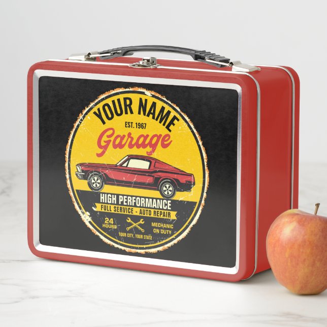 Personalised 1967 Fastback Red Classic Car Garage Metal Lunch Box (In Situ)