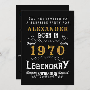 Personalised 1970 Birthday Black Gold Retro Legend Invitation